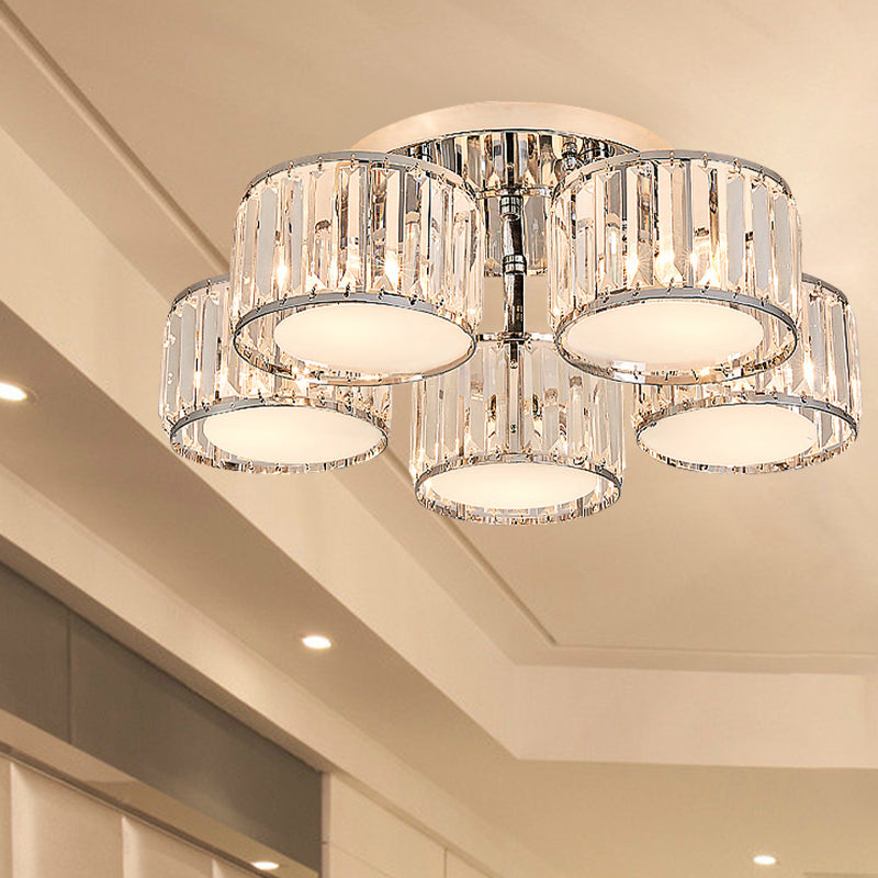 Crystal Drum Flush Mount Modernist 3/5/7 Heads Living Room Ceiling Lamp in Chrome Finish Clearhalo 'Ceiling Lights' 'Close To Ceiling Lights' 'Close to ceiling' 'Flush mount' Lighting' 254138