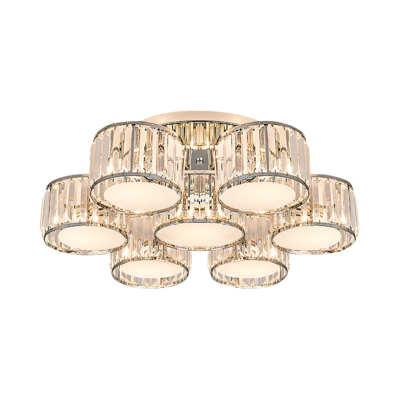 Crystal Drum Flush Mount Modernist 3/5/7 Heads Living Room Ceiling Lamp in Chrome Finish Clearhalo 'Ceiling Lights' 'Close To Ceiling Lights' 'Close to ceiling' 'Flush mount' Lighting' 254144