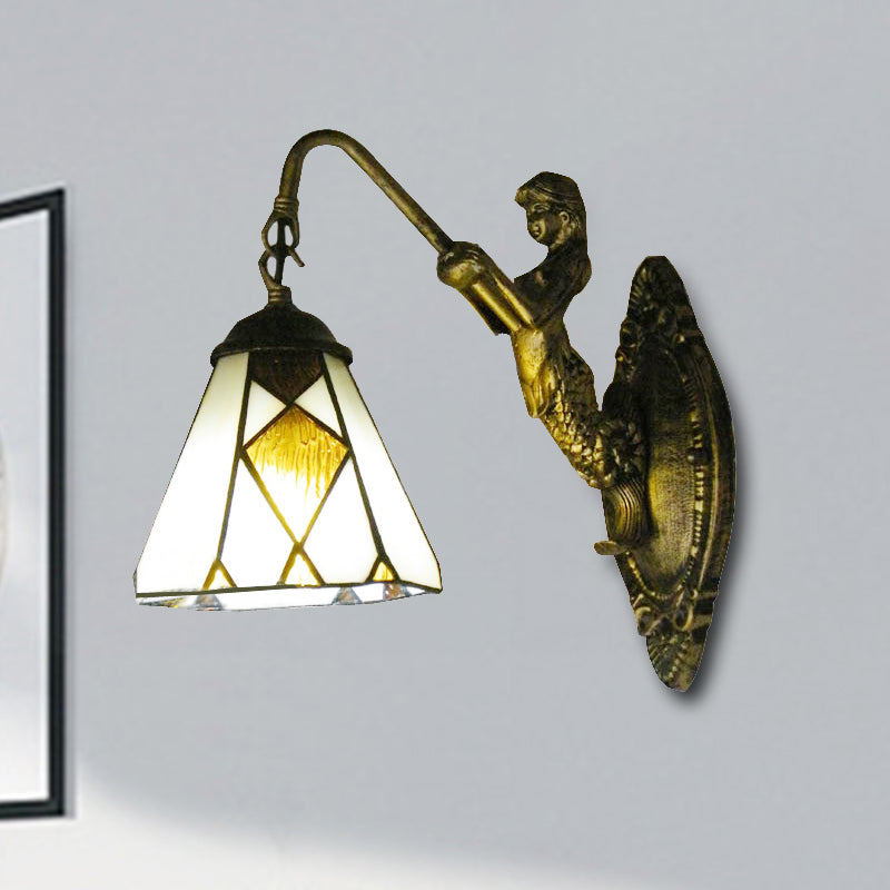 Tiffany Cone Wall Mount Lighting 1 Head Beige Glass Sconce Light with Mermaid Backplate Beige Clearhalo 'Industrial' 'Middle century wall lights' 'Tiffany wall lights' 'Tiffany' 'Wall Lamps & Sconces' 'Wall Lights' Lighting' 254185