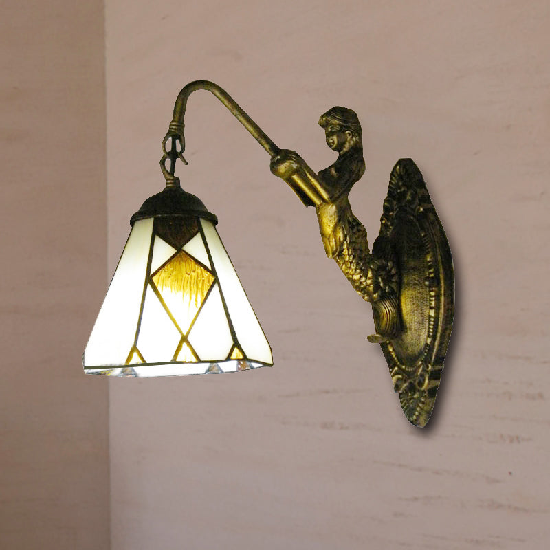 Tiffany Cone Wall Mount Lighting 1 Head Beige Glass Sconce Light with Mermaid Backplate Clearhalo 'Industrial' 'Middle century wall lights' 'Tiffany wall lights' 'Tiffany' 'Wall Lamps & Sconces' 'Wall Lights' Lighting' 254186