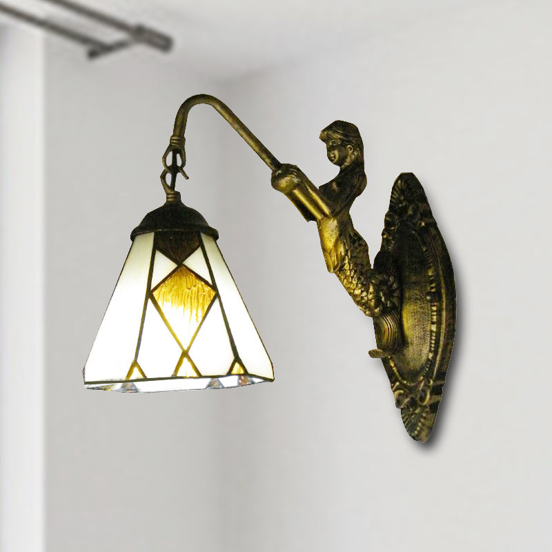 Tiffany Cone Wall Mount Lighting 1 Head Beige Glass Sconce Light with Mermaid Backplate Clearhalo 'Industrial' 'Middle century wall lights' 'Tiffany wall lights' 'Tiffany' 'Wall Lamps & Sconces' 'Wall Lights' Lighting' 254187