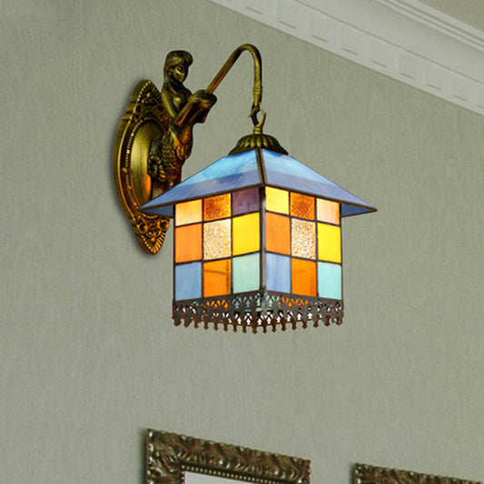 House Wall Light Fixture Mediterranean Multicolor Stained Glass 1 Head Antique Brass Sconce Light Antique Brass Clearhalo 'Industrial' 'Middle century wall lights' 'Tiffany wall lights' 'Tiffany' 'Wall Lamps & Sconces' 'Wall Lights' Lighting' 254201