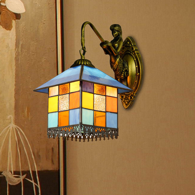House Wall Light Fixture Mediterranean Multicolor Stained Glass 1 Head Antique Brass Sconce Light Clearhalo 'Industrial' 'Middle century wall lights' 'Tiffany wall lights' 'Tiffany' 'Wall Lamps & Sconces' 'Wall Lights' Lighting' 254202