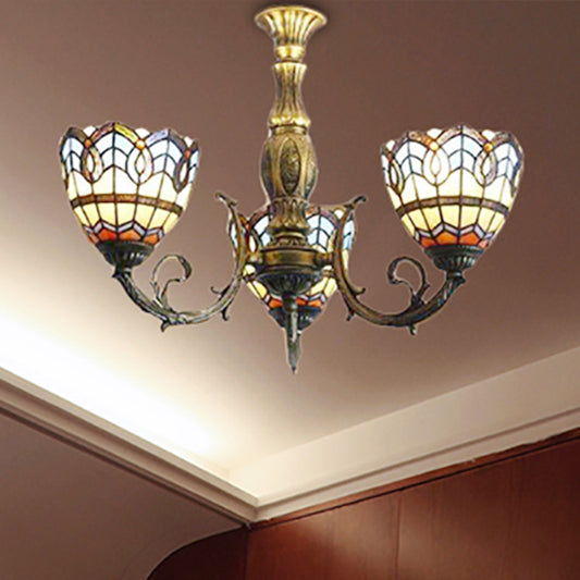 Stained Glass Dome Chandelier 3-Light Baroque Tiffany Hanging Light in Brass for Dining Room Clearhalo 'Ceiling Lights' 'Close To Ceiling Lights' 'Close to ceiling' 'Glass shade' 'Glass' 'Pendant Lights' 'Semi-flushmount' 'Tiffany close to ceiling' 'Tiffany' Lighting' 254204