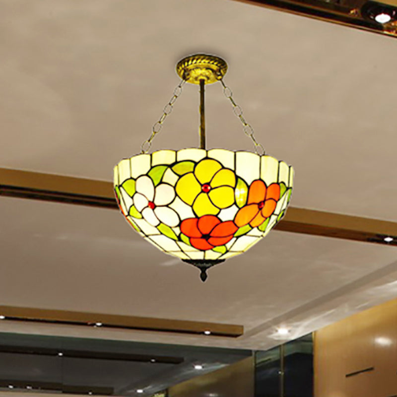 Bowl Inverted Semi Ceiling Mount Light with Flower Tiffany Rustic Stained Glass Ceiling Lamp for Villa Red-Yellow-Green Clearhalo 'Ceiling Lights' 'Close To Ceiling Lights' 'Close to ceiling' 'Glass shade' 'Glass' 'Pendant Lights' 'Semi-flushmount' 'Tiffany close to ceiling' 'Tiffany' Lighting' 254207