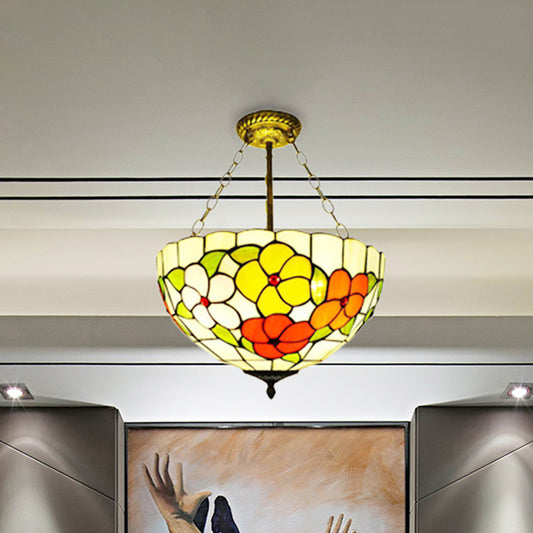 Bowl Inverted Semi Ceiling Mount Light with Flower Tiffany Rustic Stained Glass Ceiling Lamp for Villa Clearhalo 'Ceiling Lights' 'Close To Ceiling Lights' 'Close to ceiling' 'Glass shade' 'Glass' 'Pendant Lights' 'Semi-flushmount' 'Tiffany close to ceiling' 'Tiffany' Lighting' 254208