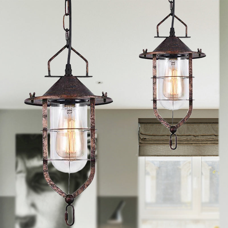 1 Light Cone Ceiling Pendant Light Vintage Black/Rust Clear Glass Hanging Lamp for Living Room with Cage Rust Clearhalo 'Ceiling Lights' 'Glass shade' 'Glass' 'Industrial Pendants' 'Industrial' 'Middle Century Pendants' 'Pendant Lights' 'Pendants' 'Tiffany' Lighting' 254217