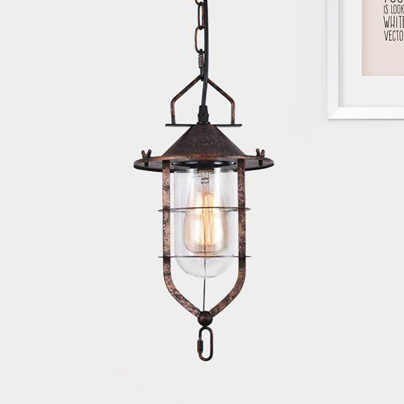 1 Light Cone Ceiling Pendant Light Vintage Black/Rust Clear Glass Hanging Lamp for Living Room with Cage Clearhalo 'Ceiling Lights' 'Glass shade' 'Glass' 'Industrial Pendants' 'Industrial' 'Middle Century Pendants' 'Pendant Lights' 'Pendants' 'Tiffany' Lighting' 254218