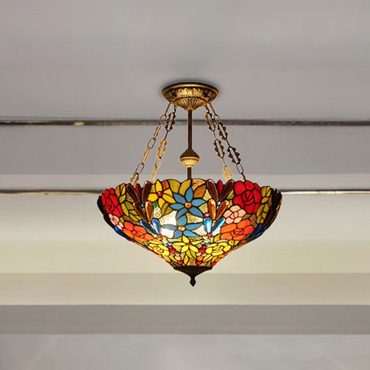 Stained Flower Dragonfly Semi Ceiling Mount Light Tiffany Rustic Ceiling Lamp in Antique Brass for Hotel Clearhalo 'Ceiling Lights' 'Close To Ceiling Lights' 'Close to ceiling' 'Glass shade' 'Glass' 'Semi-flushmount' 'Tiffany close to ceiling' 'Tiffany' Lighting' 254220