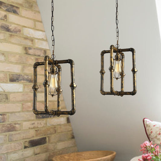 1 Head Rectangular Pipe Ceiling Lighting Industrial Brass Finish Iron Hanging Lamp with Bulb Cage Shade Clearhalo 'Art Deco Pendants' 'Cast Iron' 'Ceiling Lights' 'Ceramic' 'Crystal' 'Industrial Pendants' 'Industrial' 'Metal' 'Middle Century Pendants' 'Pendant Lights' 'Pendants' 'Tiffany' Lighting' 254248