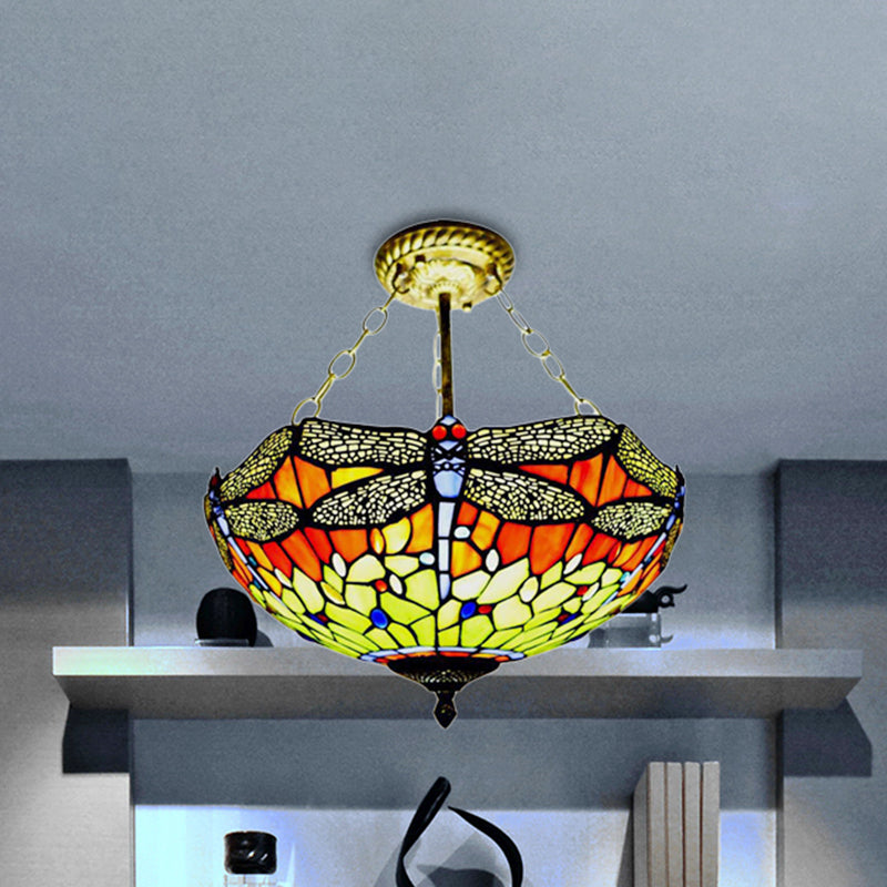 Rustic Tiffany Dragonfly Semi Ceiling Mount Light Stained Glass Ceiling Fixture for Hotel Orange Clearhalo 'Ceiling Lights' 'Close To Ceiling Lights' 'Close to ceiling' 'Glass shade' 'Glass' 'Semi-flushmount' 'Tiffany close to ceiling' 'Tiffany' Lighting' 254249