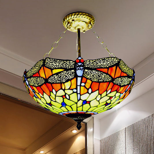Rustic Tiffany Dragonfly Semi Ceiling Mount Light Stained Glass Ceiling Fixture for Hotel Clearhalo 'Ceiling Lights' 'Close To Ceiling Lights' 'Close to ceiling' 'Glass shade' 'Glass' 'Semi-flushmount' 'Tiffany close to ceiling' 'Tiffany' Lighting' 254250