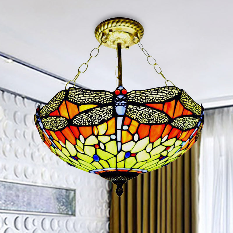 Rustic Tiffany Dragonfly Semi Ceiling Mount Light Stained Glass Ceiling Fixture for Hotel Clearhalo 'Ceiling Lights' 'Close To Ceiling Lights' 'Close to ceiling' 'Glass shade' 'Glass' 'Semi-flushmount' 'Tiffany close to ceiling' 'Tiffany' Lighting' 254251
