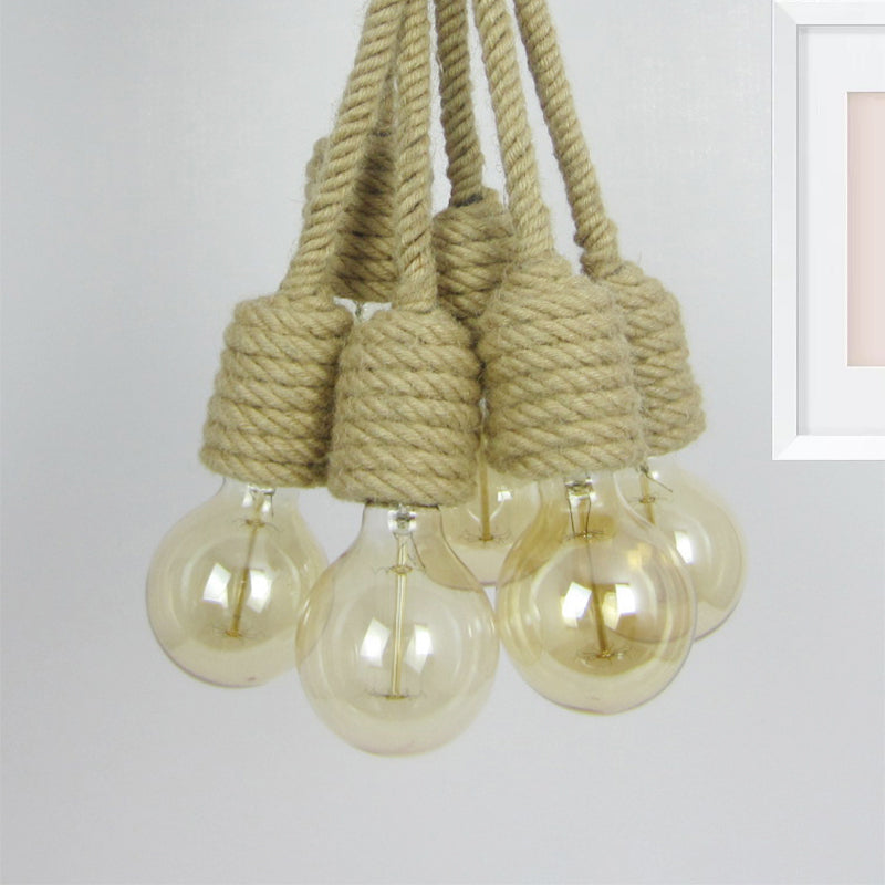 Multi Light Bare Bulb Hanging Lighting Industrial Beige Hemp Rope Cluster Pendant Lamp for Farmhouse Beige Clearhalo 'Ceiling Lights' 'Industrial Pendants' 'Industrial' 'Middle Century Pendants' 'Pendant Lights' 'Pendants' 'Tiffany' Lighting' 254261