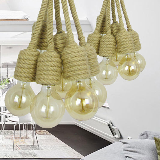Multi Light Bare Bulb Hanging Lighting Industrial Beige Hemp Rope Cluster Pendant Lamp for Farmhouse Clearhalo 'Ceiling Lights' 'Industrial Pendants' 'Industrial' 'Middle Century Pendants' 'Pendant Lights' 'Pendants' 'Tiffany' Lighting' 254262