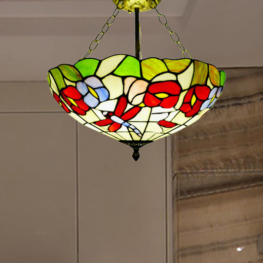Colorful Blossom Dragonfly Ceiling Light Traditional Tiffany Semi Ceiling Mount Light for Kitchen Clearhalo 'Ceiling Lights' 'Close To Ceiling Lights' 'Close to ceiling' 'Glass shade' 'Glass' 'Semi-flushmount' 'Tiffany close to ceiling' 'Tiffany' Lighting' 254264