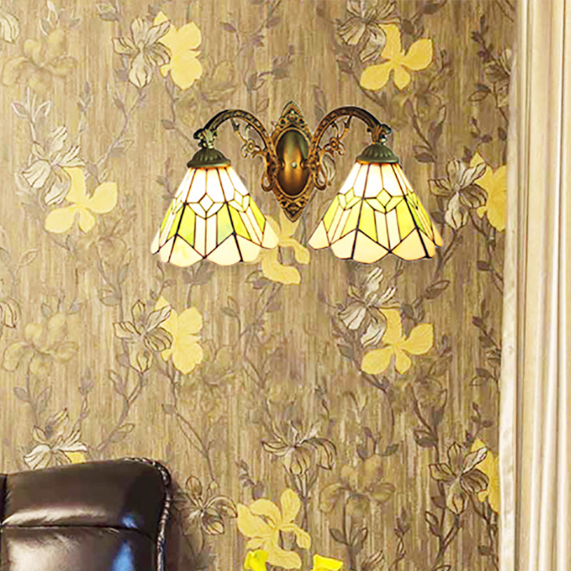Vintage Cone Wall Sconce Light with Curved Arm 2 Lights Stained Glass Wall Lamp in Green Clearhalo 'Industrial' 'Middle century wall lights' 'Tiffany wall lights' 'Tiffany' 'Wall Lamps & Sconces' 'Wall Lights' Lighting' 254281