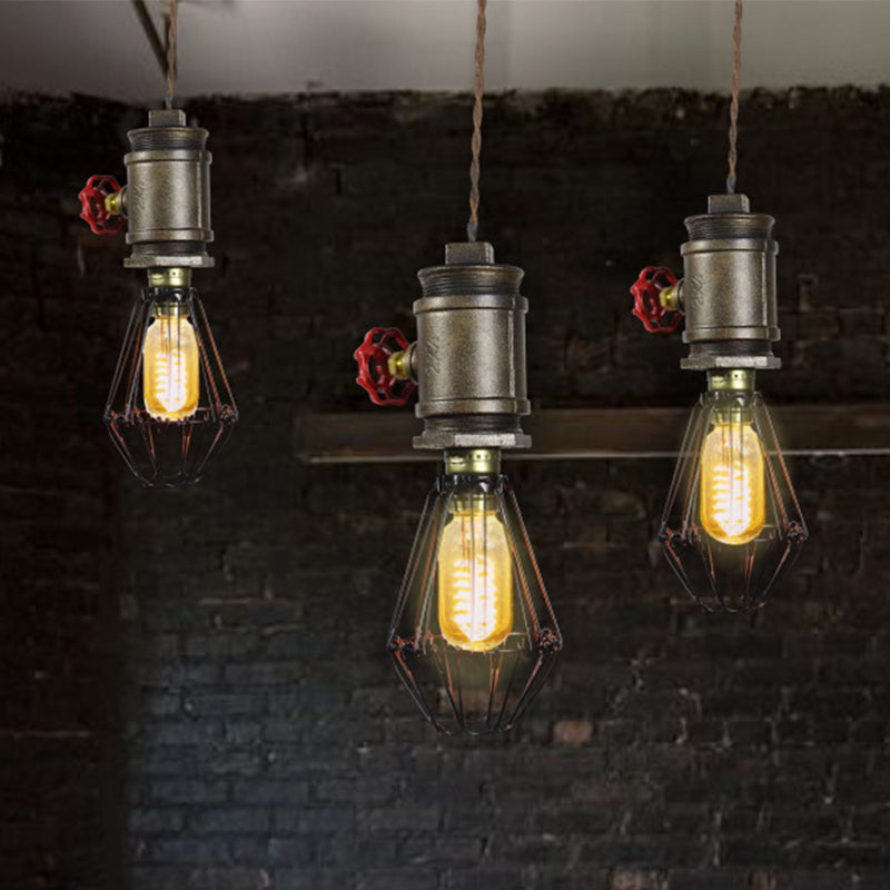 Industrial Wire Frame Pendant Lighting 1 Bulb Wrought Iron Ceiling Fixture with Red Valve in Bronze Clearhalo 'Art Deco Pendants' 'Cast Iron' 'Ceiling Lights' 'Ceramic' 'Crystal' 'Industrial Pendants' 'Industrial' 'Metal' 'Middle Century Pendants' 'Pendant Lights' 'Pendants' 'Tiffany' Lighting' 254288