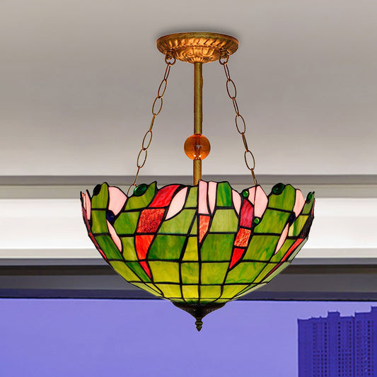 Lattice Bowl Inverted Ceiling Light Tiffany Rustic Art Glass Semi Flush Mount Light in Green for Living Room Clearhalo 'Ceiling Lights' 'Close To Ceiling Lights' 'Close to ceiling' 'Glass shade' 'Glass' 'Semi-flushmount' 'Tiffany close to ceiling' 'Tiffany' Lighting' 254296