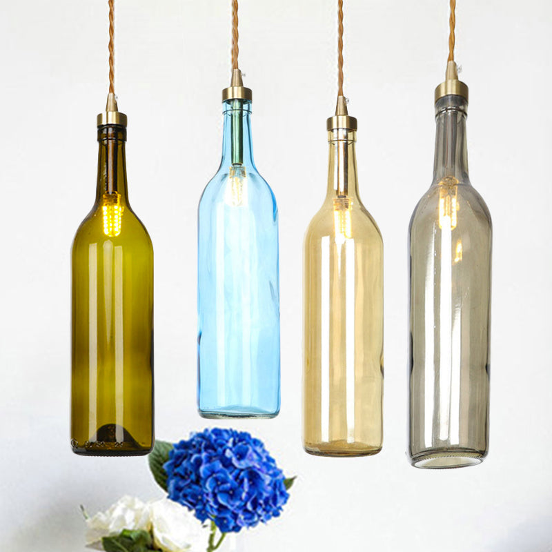 Industrial Wine Bottle Hanging Lamp 1 Light Glass Ceiling Pendant Light with Adjustable Cord in Smoke Grey/Green Clearhalo 'Ceiling Lights' 'Glass shade' 'Glass' 'Industrial Pendants' 'Industrial' 'Middle Century Pendants' 'Pendant Lights' 'Pendants' 'Tiffany' Lighting' 254308
