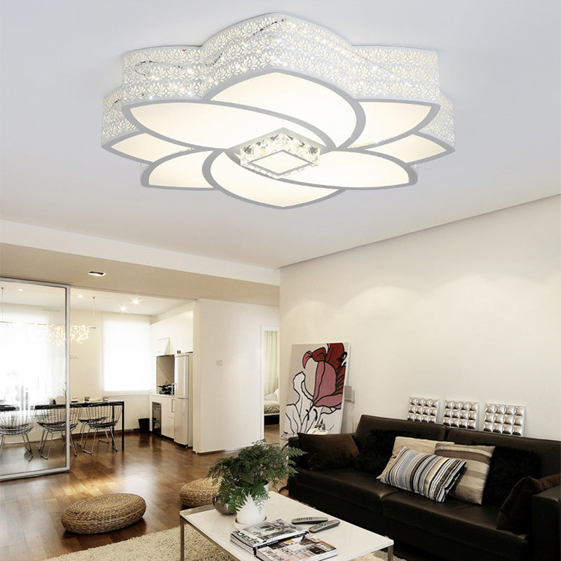 Modern Flower Metal Flushmount Light 23.5"/29.5" W LED White Ceiling Light with Clear Crystal Accent, Warm/White Light White White Clearhalo 'Ceiling Lights' 'Close To Ceiling Lights' 'Close to ceiling' 'Flush mount' Lighting' 254315