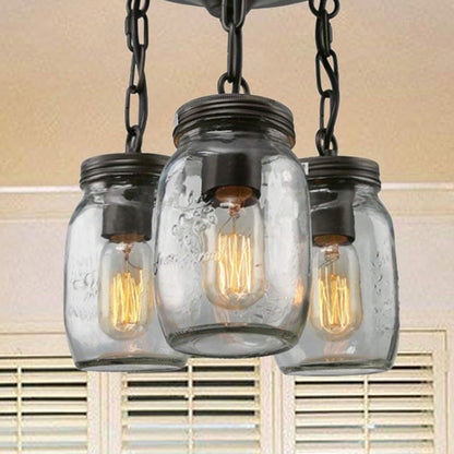 Mason Jar Etched Clear Glass Semi Flush Industrial 3/5-Bulb Dining Room Light Fixture 3 Clear Clearhalo 'Ceiling Lights' 'Close To Ceiling Lights' 'Close to ceiling' 'Glass shade' 'Glass' 'Semi-flushmount' Lighting' 254325