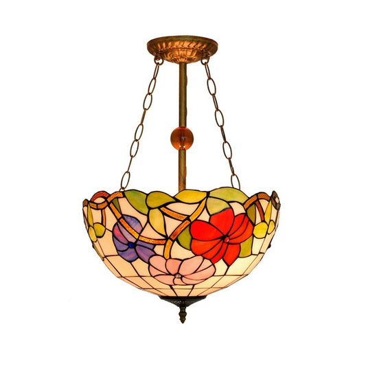 Restaurant Blossom Semi Flush Mount Light with Bowl Shade Stained Glass Tiffany Inverted Ceiling Lamp Clearhalo 'Ceiling Lights' 'Close To Ceiling Lights' 'Close to ceiling' 'Glass shade' 'Glass' 'Pendant Lights' 'Semi-flushmount' 'Tiffany close to ceiling' 'Tiffany' Lighting' 254337
