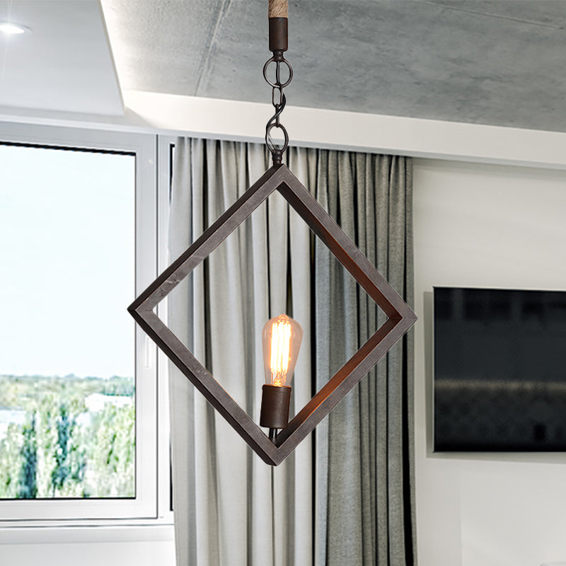 Black Frame Squared Ceiling Lighting Antique Style Metal 1 Light Indoor Ceiling Fixture with Rope Black Clearhalo 'Art Deco Pendants' 'Black' 'Cast Iron' 'Ceiling Lights' 'Ceramic' 'Crystal' 'Industrial Pendants' 'Industrial' 'Metal' 'Middle Century Pendants' 'Pendant Lights' 'Pendants' 'Rustic Pendants' 'Tiffany' Lighting' 254346