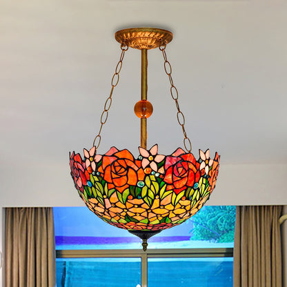 Tiffany Rustic Blossom Ceiling Lamp Stained Glass Inverted Semi Flush Ceiling Light in Orange-Red Orange Red Clearhalo 'Ceiling Lights' 'Close To Ceiling Lights' 'Close to ceiling' 'Glass shade' 'Glass' 'Pendant Lights' 'Semi-flushmount' 'Tiffany close to ceiling' 'Tiffany' Lighting' 254347