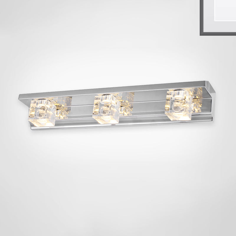 Clear Crystal Cubic Wall Sconce Modern Style 3 Heads Silver Finish Vanity Light Fixture in Warm/White Light, 12.5"/18" W - Silver - 18" - Warm - Clearhalo - 'Modern wall lights' - 'Modern' - 'Vanity Lights' - 'Wall Lights' - Lighting' - 254353