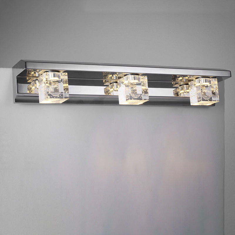 Clear Crystal Cubic Wall Sconce Modern Style 3 Heads Silver Finish Vanity Light Fixture in Warm/White Light, 12.5"/18" W Clearhalo 'Modern wall lights' 'Modern' 'Vanity Lights' 'Wall Lights' Lighting' 254354