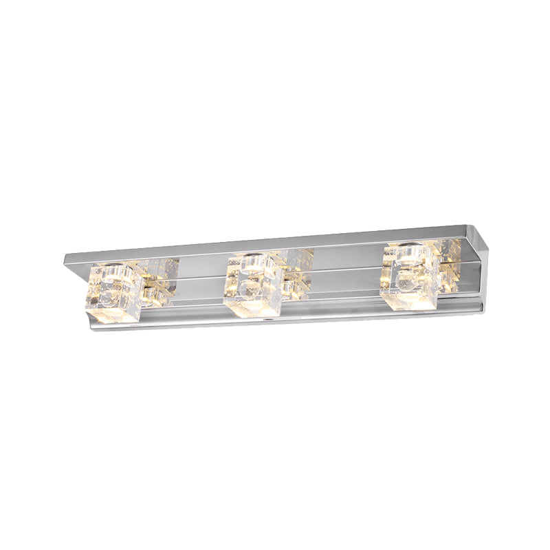 Clear Crystal Cubic Wall Sconce Modern Style 3 Heads Silver Finish Vanity Light Fixture in Warm/White Light, 12.5"/18" W Clearhalo 'Modern wall lights' 'Modern' 'Vanity Lights' 'Wall Lights' Lighting' 254356