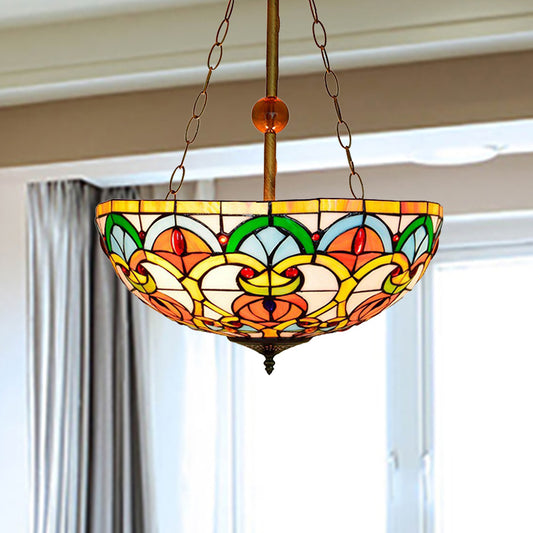 Multi-Colored Bowl Ceiling Mount Light Tiffany Victorian Stained Glass Inverted Ceiling Lamp for Bedroom Clearhalo 'Ceiling Lights' 'Chandeliers' 'Close To Ceiling Lights' 'Close to ceiling' 'Glass shade' 'Glass' 'Semi-flushmount' 'Tiffany close to ceiling' 'Tiffany' Lighting' 254358