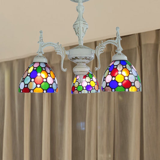 Moroccan Tiffany Dot Dome Chandelier 3 Lights Stained Glass Hanging Light for Restaurant White Clearhalo 'Ceiling Lights' 'Close To Ceiling Lights' 'Close to ceiling' 'Glass shade' 'Glass' 'Semi-flushmount' 'Tiffany close to ceiling' 'Tiffany' Lighting' 254361
