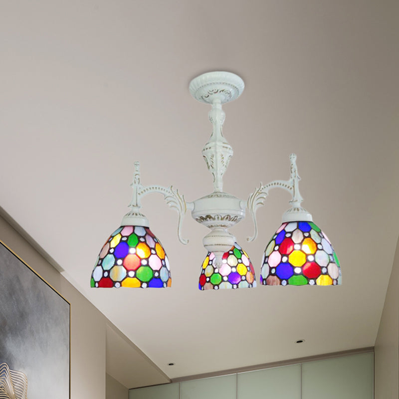 Moroccan Tiffany Dot Dome Chandelier 3 Lights Stained Glass Hanging Light for Restaurant Clearhalo 'Ceiling Lights' 'Close To Ceiling Lights' 'Close to ceiling' 'Glass shade' 'Glass' 'Semi-flushmount' 'Tiffany close to ceiling' 'Tiffany' Lighting' 254362
