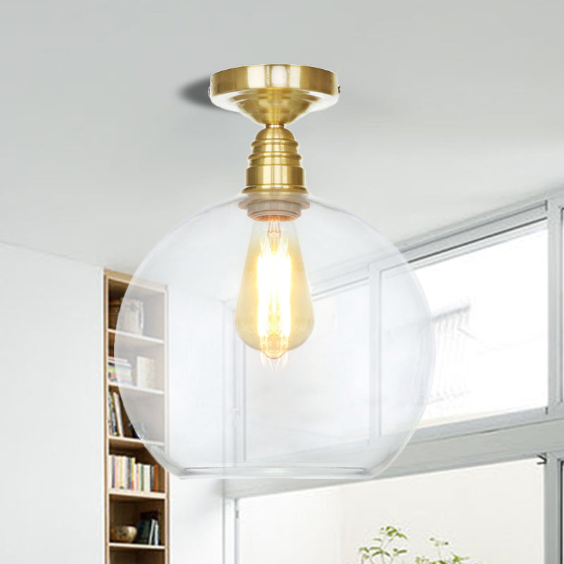 1 Light Spherical Semi Flush Light Brass Industrial Clear/Amber Glass Ceiling Mount, 8"/10"/12" Wide Clearhalo 'Ceiling Lights' 'Close To Ceiling Lights' 'Close to ceiling' 'Glass shade' 'Glass' 'Semi-flushmount' Lighting' 254366