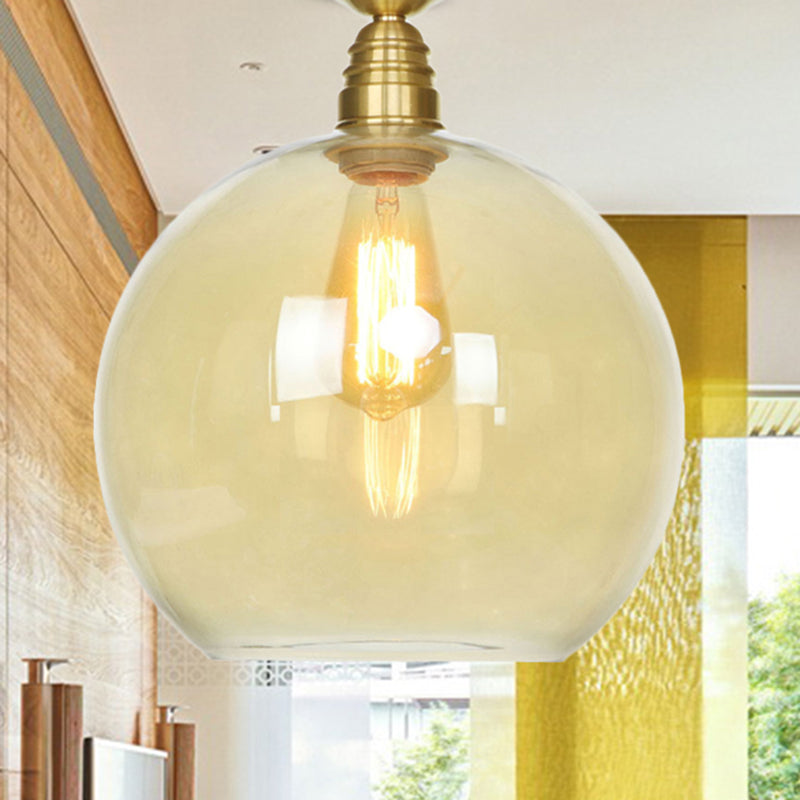 1 Light Spherical Semi Flush Light Brass Industrial Clear/Amber Glass Ceiling Mount, 8"/10"/12" Wide Amber Clearhalo 'Ceiling Lights' 'Close To Ceiling Lights' 'Close to ceiling' 'Glass shade' 'Glass' 'Semi-flushmount' Lighting' 254367