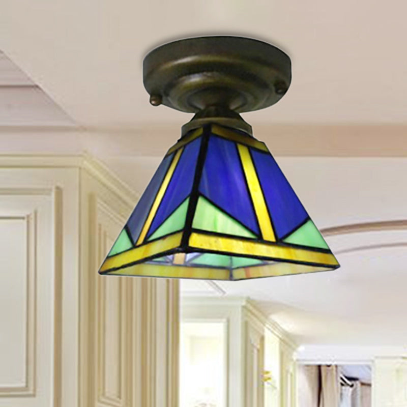 Vintage Tiffany Blue Ceiling Light Pyramid One Light Glass Small Flushmount Light for Hallway Blue Clearhalo 'Ceiling Lights' 'Close To Ceiling Lights' 'Close to ceiling' 'Glass shade' 'Glass' 'Semi-flushmount' 'Tiffany close to ceiling' 'Tiffany' Lighting' 254371