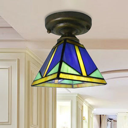 Vintage Tiffany Blue Ceiling Light Pyramid One Light Glass Small Flushmount Light for Hallway Blue Clearhalo 'Ceiling Lights' 'Close To Ceiling Lights' 'Close to ceiling' 'Glass shade' 'Glass' 'Semi-flushmount' 'Tiffany close to ceiling' 'Tiffany' Lighting' 254371
