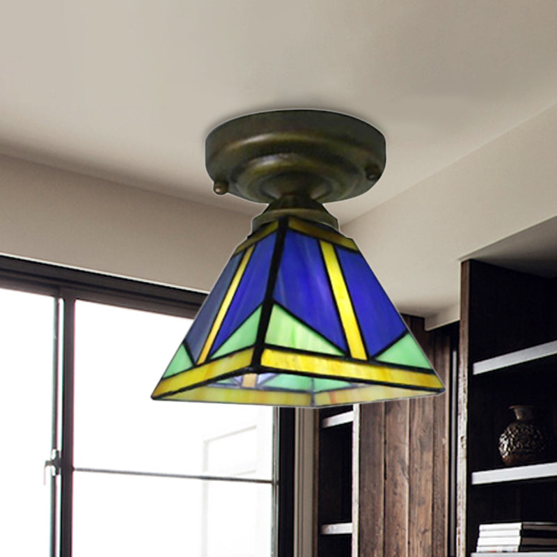 Vintage Tiffany Blue Ceiling Light Pyramid One Light Glass Small Flushmount Light for Hallway Clearhalo 'Ceiling Lights' 'Close To Ceiling Lights' 'Close to ceiling' 'Glass shade' 'Glass' 'Semi-flushmount' 'Tiffany close to ceiling' 'Tiffany' Lighting' 254372