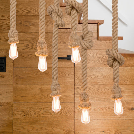 Natural Rope Beige Suspended Light with Open Bulb Country 3 Lights Balcony Pendant Lighting Beige Clearhalo 'Ceiling Lights' 'Industrial Pendants' 'Industrial' 'Middle Century Pendants' 'Pendant Lights' 'Pendants' 'Tiffany' Lighting' 254389