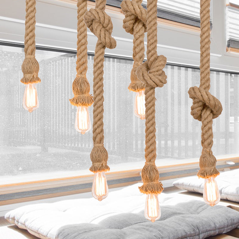 Natural Rope Beige Suspended Light with Open Bulb Country 3 Lights Balcony Pendant Lighting Clearhalo 'Ceiling Lights' 'Industrial Pendants' 'Industrial' 'Middle Century Pendants' 'Pendant Lights' 'Pendants' 'Tiffany' Lighting' 254390
