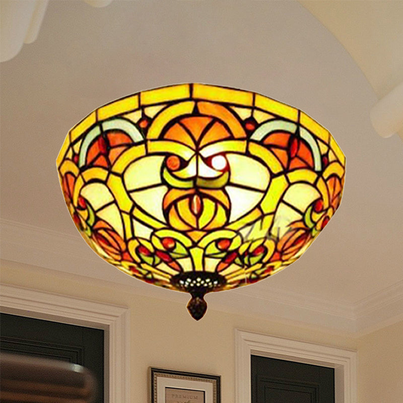 Tiffany Victorian Yellow Flush Ceiling Light Dome Stained Glass Ceiling Mount Light for Hotel Yellow Clearhalo 'Ceiling Lights' 'Chandeliers' 'Close To Ceiling Lights' 'Close to ceiling' 'Glass shade' 'Glass' 'Semi-flushmount' 'Tiffany close to ceiling' 'Tiffany' Lighting' 254408