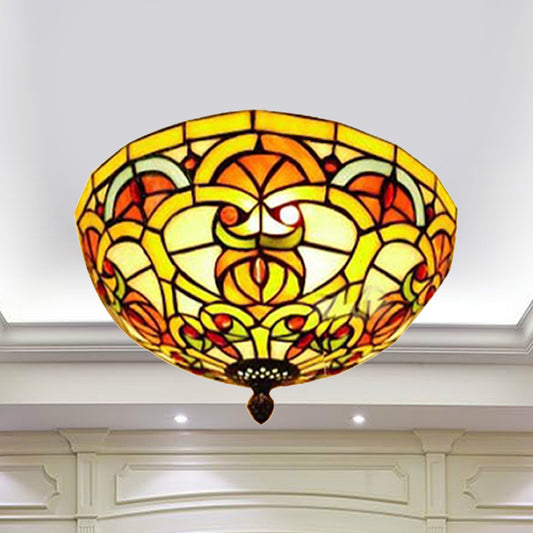 Tiffany Victorian Yellow Flush Ceiling Light Dome Stained Glass Ceiling Mount Light for Hotel Clearhalo 'Ceiling Lights' 'Chandeliers' 'Close To Ceiling Lights' 'Close to ceiling' 'Glass shade' 'Glass' 'Semi-flushmount' 'Tiffany close to ceiling' 'Tiffany' Lighting' 254409