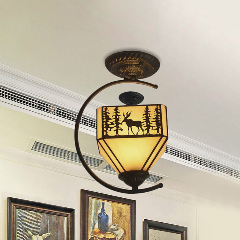 Art Glass Forest Deer Ceiling Lamp with Lodge Shade Bedroom 1 Light Rustic Semi Flushmount Light in Beige Clearhalo 'Ceiling Lights' 'Chandeliers' 'Close To Ceiling Lights' 'Close to ceiling' 'Glass shade' 'Glass' 'Semi-flushmount' 'Tiffany close to ceiling' 'Tiffany' Lighting' 254421