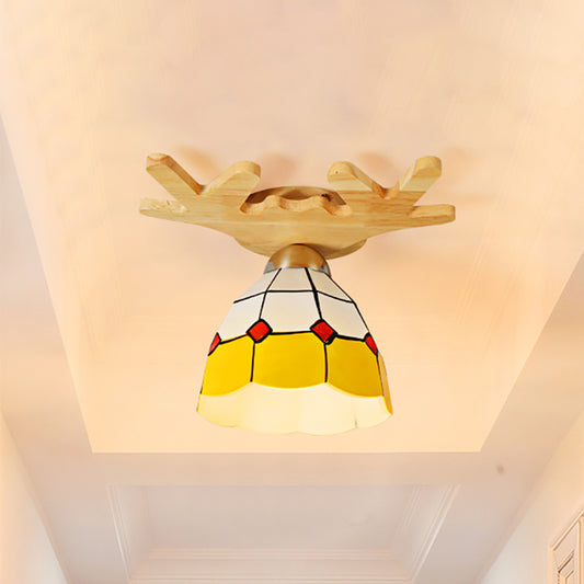 Tiffany Traditional Bowl Ceiling Light with Antlers Art Glass Single Light Yellow Ceiling Lamp for Bookstore Yellow Clearhalo 'Ceiling Lights' 'Close To Ceiling Lights' 'Close to ceiling' 'Glass shade' 'Glass' 'Semi-flushmount' 'Tiffany close to ceiling' 'Tiffany' Lighting' 254425