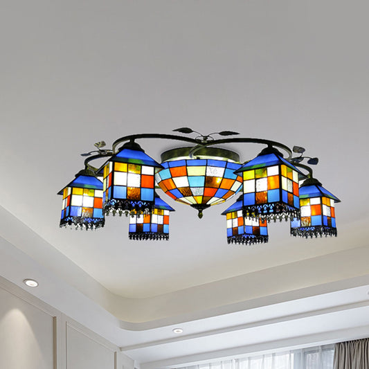 Mosaic House Pendant Light with Central Bowl Stained Glass Multi-Head Chandelier for Hotel Antique Bronze Clearhalo 'Ceiling Lights' 'Close To Ceiling Lights' 'Close to ceiling' 'Glass shade' 'Glass' 'Pendant Lights' 'Semi-flushmount' 'Tiffany close to ceiling' 'Tiffany' Lighting' 254446