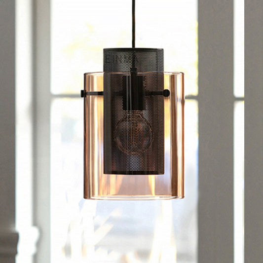 Amber Cylinder Pendant Lamp with Hollow Mesh Screen 1 Bulb Modern Hanging Light for Kitchen Clearhalo 'Ceiling Lights' 'Glass shade' 'Glass' 'Modern Pendants' 'Modern' 'Pendant Lights' 'Pendants' Lighting' 254450