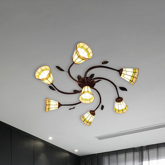 Cone Shade Swirl Arm Ceiling Light with Leaf 7 Lights Tiffany Rustic Glass Semi Flush Mount Light for Hotel Beige Clearhalo 'Ceiling Lights' 'Close To Ceiling Lights' 'Close to ceiling' 'Glass shade' 'Glass' 'Semi-flushmount' 'Tiffany close to ceiling' 'Tiffany' Lighting' 254451