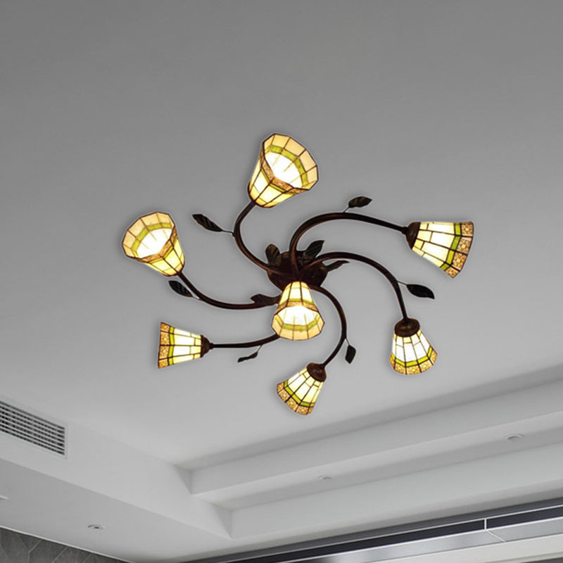 Cone Shade Swirl Arm Ceiling Light with Leaf 7 Lights Tiffany Rustic Glass Semi Flush Mount Light for Hotel Clearhalo 'Ceiling Lights' 'Close To Ceiling Lights' 'Close to ceiling' 'Glass shade' 'Glass' 'Semi-flushmount' 'Tiffany close to ceiling' 'Tiffany' Lighting' 254452